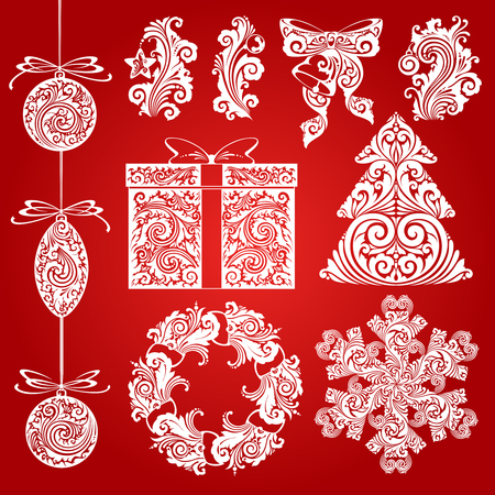 Vector set Christmas ornate symbols, design elements, objects. Calligraphy illustration. Christmas decor elementsのイラスト素材