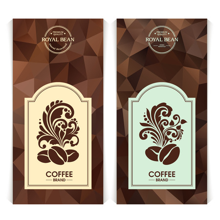 Vector set of templates packaging coffee, label, banner, poster, identity, branding. Abstract color background with ornamental design elements - coffee beans.のイラスト素材