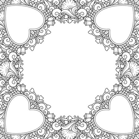 Decorative love frame with hearts, flowers, ornate elements in doodle style. Floral, ornate, decorative, tribal design elements. Black and white background. Zentangle coloring book pageのイラスト素材