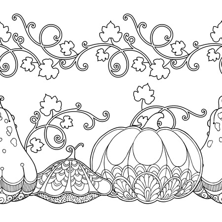 Seamless borders vector set in doodle style. Floral, ornate, decorative, tribal, garden design elements. Black and white background. Pumpkins and leaves. coloring book pageのイラスト素材
