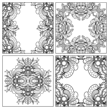 Vector set frame with abstract flowers, ornate elements in doodle style. Floral, decorative, tribal design elements. Black and white background.  coloring book pageのイラスト素材
