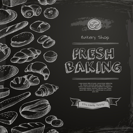 Bakery shop menu drawn on the chalkboard. Sketch illustration - bread, muffin, bun, loaf.のイラスト素材