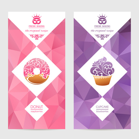 set of templates packaging sweets, label, banner, poster, identity, branding. Abstract color background with ornamental design elements - donut icon, cupcake. Stylish design for baked goodsのイラスト素材