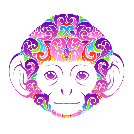 Abstract colorful ornate monkey Decorative funny animal face symbol icon design element Vector illustration for banner, poster.のイラスト素材