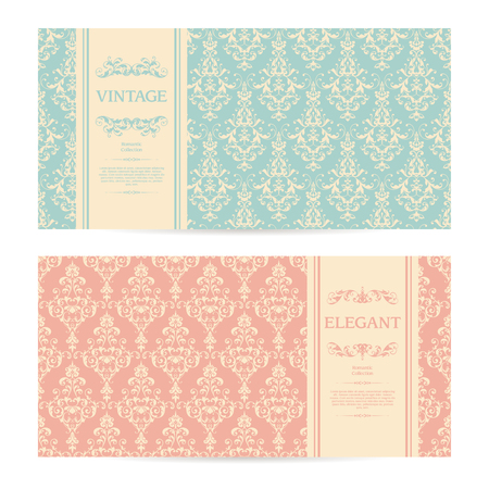 Vector set of vintage ornamental templates with pattern and frame Elegant wedding invitation, greeting card, banner, packaging designのイラスト素材