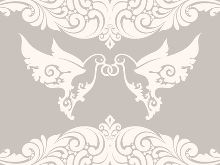 Wedding invitation greeting card with Ornamental vintage template design with pattern and couple decorative birds with ringsのイラスト素材
