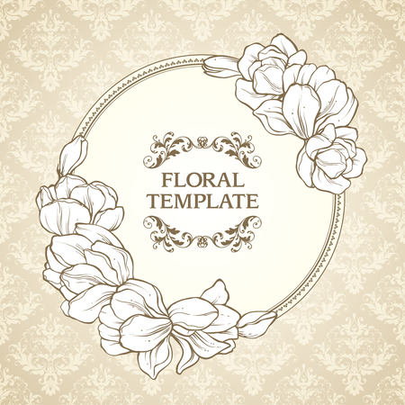 Vintage floral round frame and patterned background. Elegant flowers wedding invitation design, greeting card,lace ornate vector templateのイラスト素材