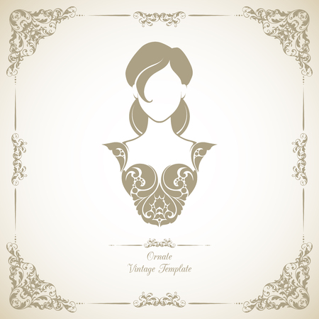 Vintage template with ornamental decorative frame and icon girl in elegant dress.のイラスト素材