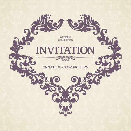 Vintage template with seamless pattern and decorative frame with birds and ornate elements. Ornamental lace design for invitation, greeting card, certificate.のイラスト素材