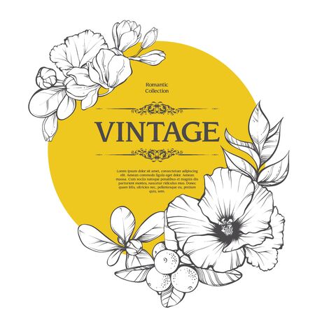 Vector background with graphic flowers and leaves frameのイラスト素材