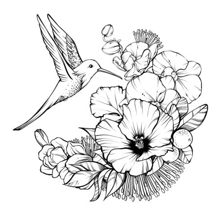Composition bouquet with tropical exotic flowers and humming birdのイラスト素材