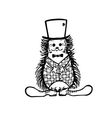 Cartoon hedgehog character in hat, vest, bow-tie and boots. Vector hand drawn illustration.のイラスト素材