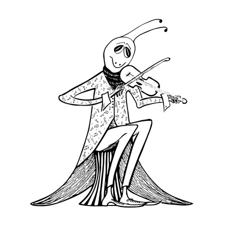 Cartoon grasshopper playing the violin, isolated vector (Eps 10) hand drawn on a white backgroundのイラスト素材
