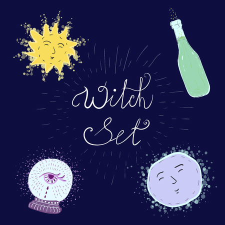 Witchcraft set of sun, full moon, crystal ball and bottle with poison. Hand drawn, isolated on dark backgroundのイラスト素材