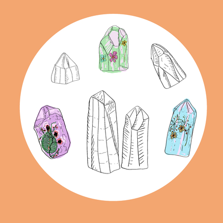 Outline cubic crystals and fluorite colored crystals with flowers and leaves in them, hand drawn, sketch style.のイラスト素材