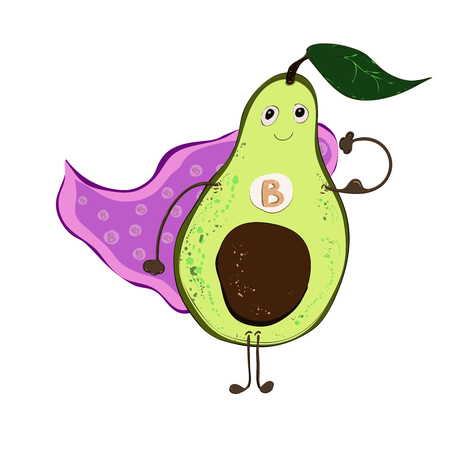 Cartoon avocado superhero vitamin B character, isolated vector (Eps 10), hand drawn on a white backgroundのイラスト素材