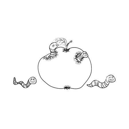 Cartoon black ink worms eating apple and crawling, isolated vector (Eps 10), hand drawn on a white backgroundのイラスト素材