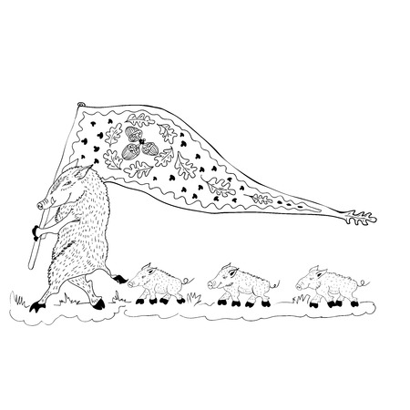Cartoon wild boar with baby piglets,  isolated vector (Eps 10) hand drawn on a white backgroundのイラスト素材