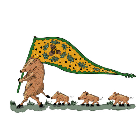 Cartoon wild boar with baby piglets,  isolated vector (Eps 10) hand drawn on a white backgroundのイラスト素材