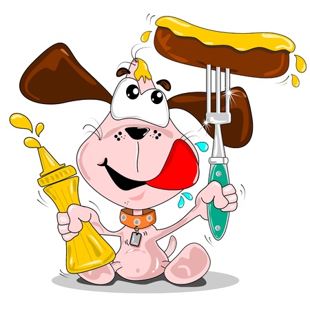 A cartoon dog with sausage & bottle of mustardのイラスト素材
