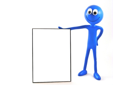 A blue smiling figure holding a blank white advertising board with copy space の写真素材