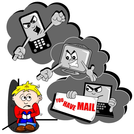 Cyber bullying cartoon with scared child mobile phone and PCのイラスト素材