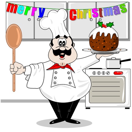 Cartoon chef in the kitchen with a Christmas puddingのイラスト素材