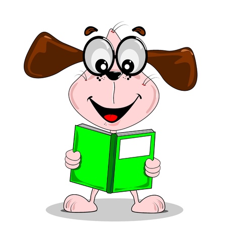 Cartoon dog with glasses reading a book with copy spaceのイラスト素材