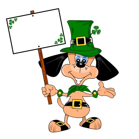 A cartoon dog in a St Patrick s days costume holding a blank placardのイラスト素材