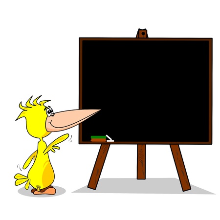 A cartoon bird pointing to a blank chalkboard copy spaceのイラスト素材
