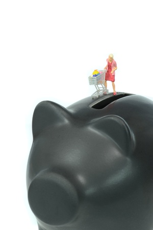 Female shopper pushing shopping trolley cart on piggy bankの写真素材