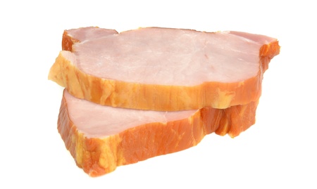 Two slices of gammon steaks on a white backgroundの写真素材