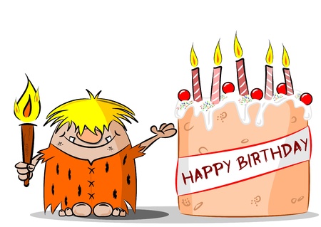 Cartoon Caveman with Happy Birthday Cakeのイラスト素材