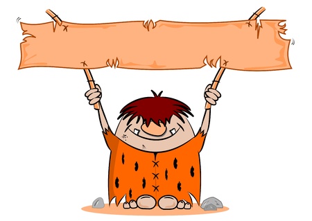 Cartoon caveman with blank banner on a white backgroundのイラスト素材