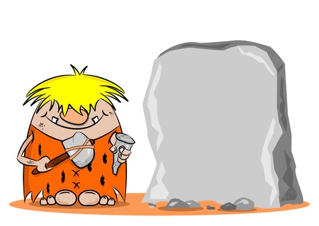 A cartoon caveman with hammer and chisel next to a blank rockのイラスト素材