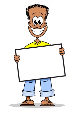 A young cartoon Afro American guy holding a blank notice board のイラスト素材