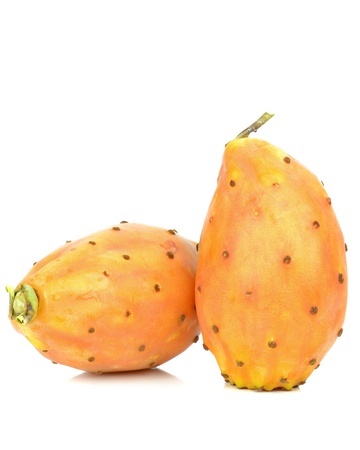 A pair of prickly pear cactus figs on a white backgroundの写真素材