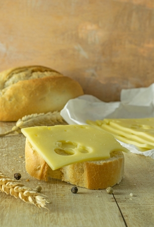 A small slice of bread baguette with cheese on a rustic background
