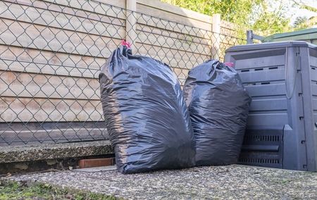 Plastic bin bags full of rubbish next to household bins