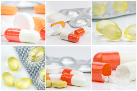 A collection of various medicine and pill images in a framed montageの写真素材