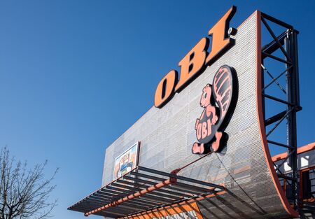 WALSRODE, NIEDERSACHSEN, GERMANY APRIL 1, 2019: OBI building supplies and DIY store sign at the shop front with copy space for your text.のeditorial素材