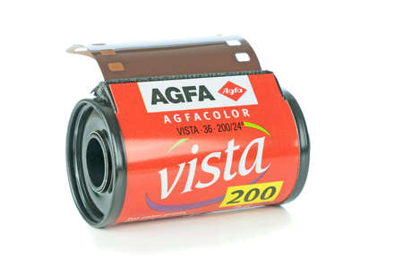 NIEDERSACHSEN, GERMANY JULY 20, 2019: A roll of AGFA Vista colour 35mm camera film lying on a white backgroundのeditorial素材