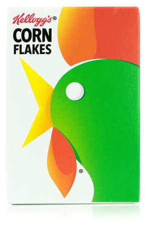 NIEDERSACHSEN, GERMANY JULY 6, 2019: A single serving mini box of Kellogg's Corn Flakes breakfast cereal on a white backgroundのeditorial素材