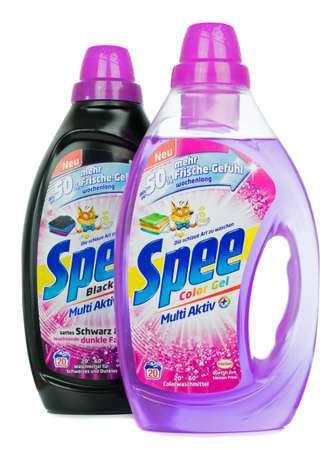 NIEDERSACHSEN, GERMANY JULY 20, 2019: Two bottles of Spee laundry washing gel black and color on a white backgroundのeditorial素材