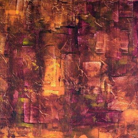 A warm red, orange and violet abstract acrylic painting background on a canvas boardの写真素材