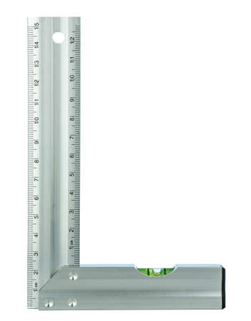 An aluminum right angled set square tool with metric measurements and a built in spirit level on a...