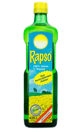 NIEDERSACHSEN, GERMANY SEPTEMBER 21, 2020: A green glass bottle of Rapso rape seed cooking oil on a white backgroundのeditorial素材