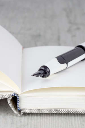 A close up of a fountain pen lying on an open journal diary notebook on a wooden tableの写真素材