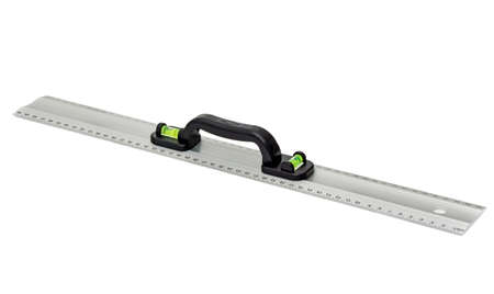 A 50cm metal ruler with a built in spirit level on the handle on a white background