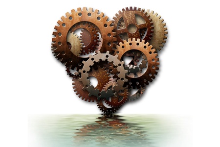 mechanical heart reflected in waterの写真素材